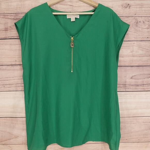 Michael Kors Shirt Womens XL Green Zip Front V Neck Gold Hardware Blouse Top - Picture 1 of 8